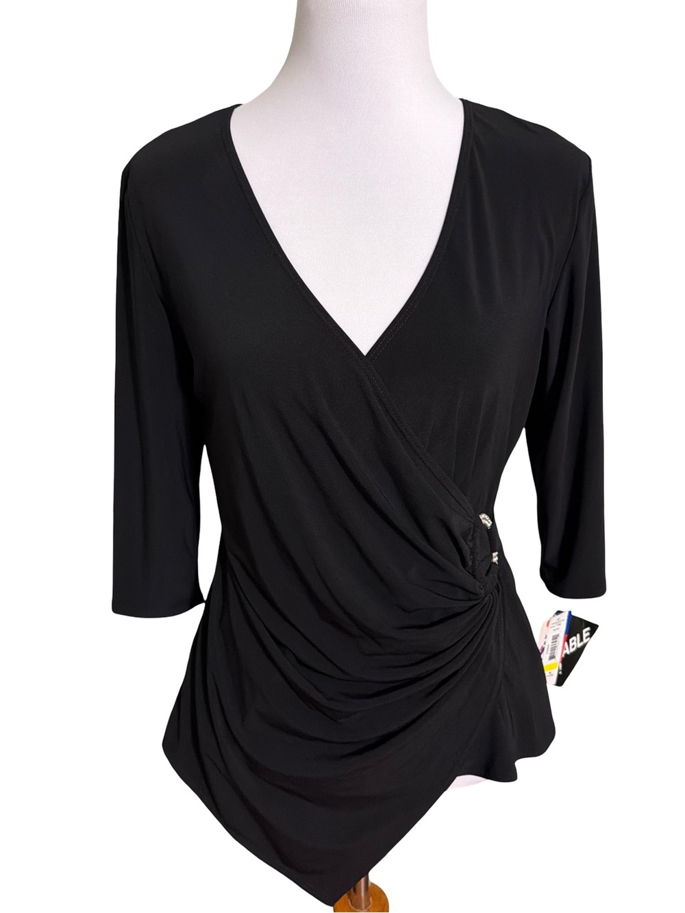 R&M Richards Black Faux-Wrap 3/4 Sleeve Blouse